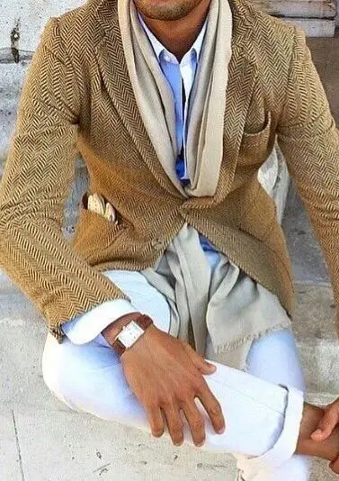 Tailor-Made Elegant Brown Tweed Men's Jacket Winter Herringbone Blazer Hombre Male Slim Fit Costume Homme Masculino Made