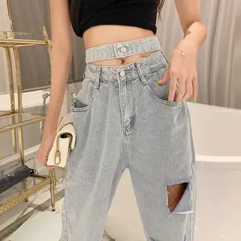 

Korean Summer 2020 Korean High Waist Hole Women Pants Casual Grey Loose Wide Leg Pants Cotton Pantalon Femme G1960