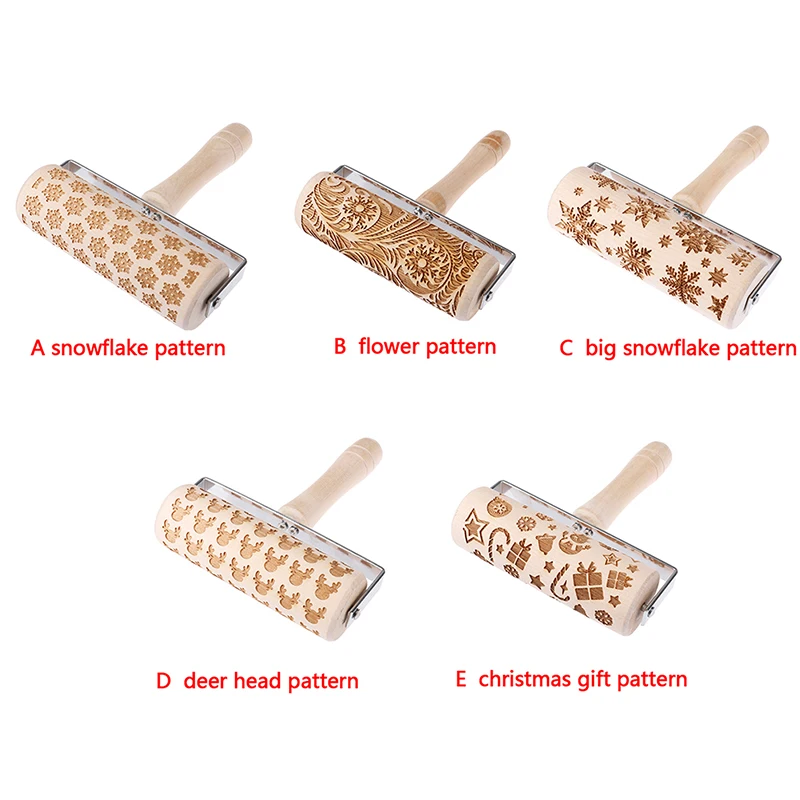 Christmas Embossing Rolling Pin Cookies Noodle Biscuit Fondant Cake Dough Engraved Roller Reindeer Snowflake