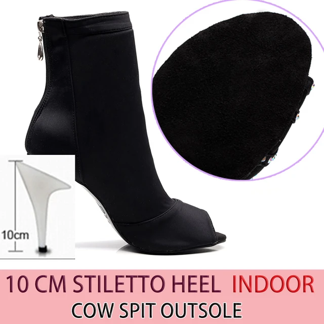 Discounts Sale Jazz Salsa Ballroom Latin Dance Shoes High Heel For Dancing Women Training Ladies Black Flock 1022 Summer Boots leather 10cm heel