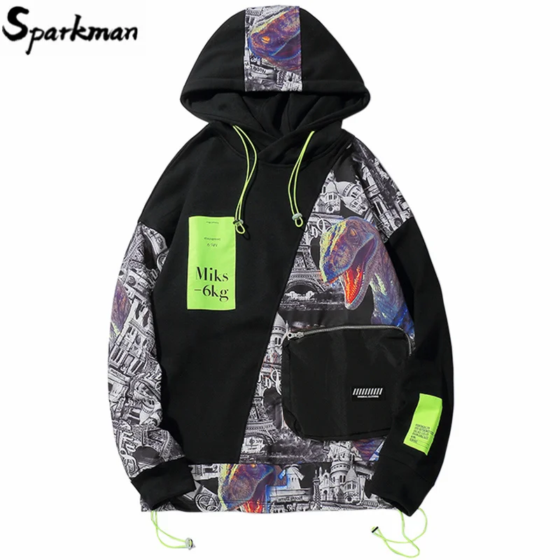 

2019 Men Hip Hop Hoodie Streetwear Dinosaur Printed Harajuku Hoodie Sweatshirt Color Block Zipper Pocket Hooded Pullover Cotton