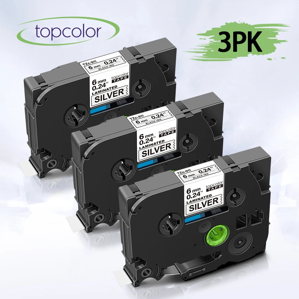 Topcolor 3PK совместимая лента для этикеток Brother tze911 tze 911 tz911 6 мм черный на серебристом