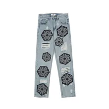 Pantalones vaqueros Retro rasgados con agujeros para hombre y mujer, ropa de calle ajustada estilo Punk Kanye West, con parche de letras geométricas, 2021