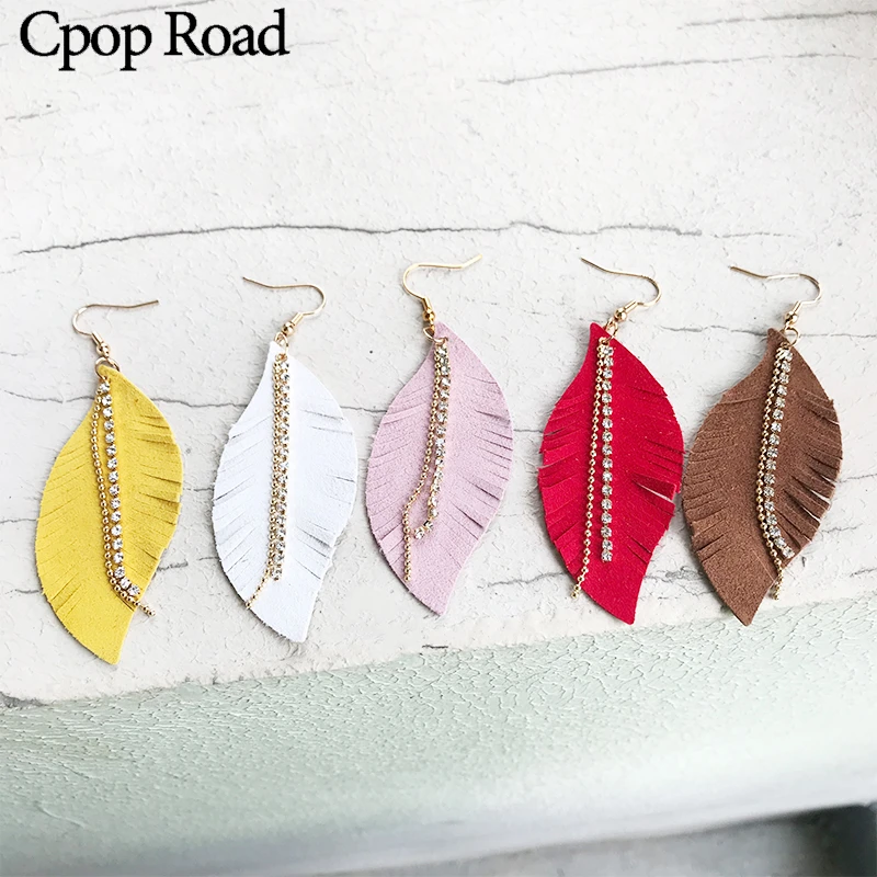 Cpop pendientes de piel auténtica de cabra para mujer, aretes colgantes cadena cuentas doradas de circonita, joyería elegante, accesorios para regalo|Pendientes con forma de gota| - AliExpress