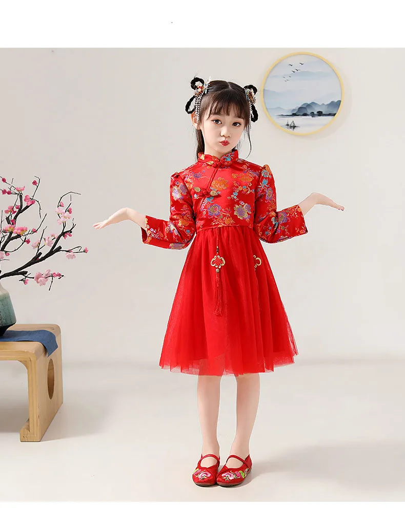 Традиционное китайское платье для маленьких девочек с вышивкой Hanfu Cheongsam; детское платье принцессы в стиле ретро Qipao; Детский новогодний праздничный костюм