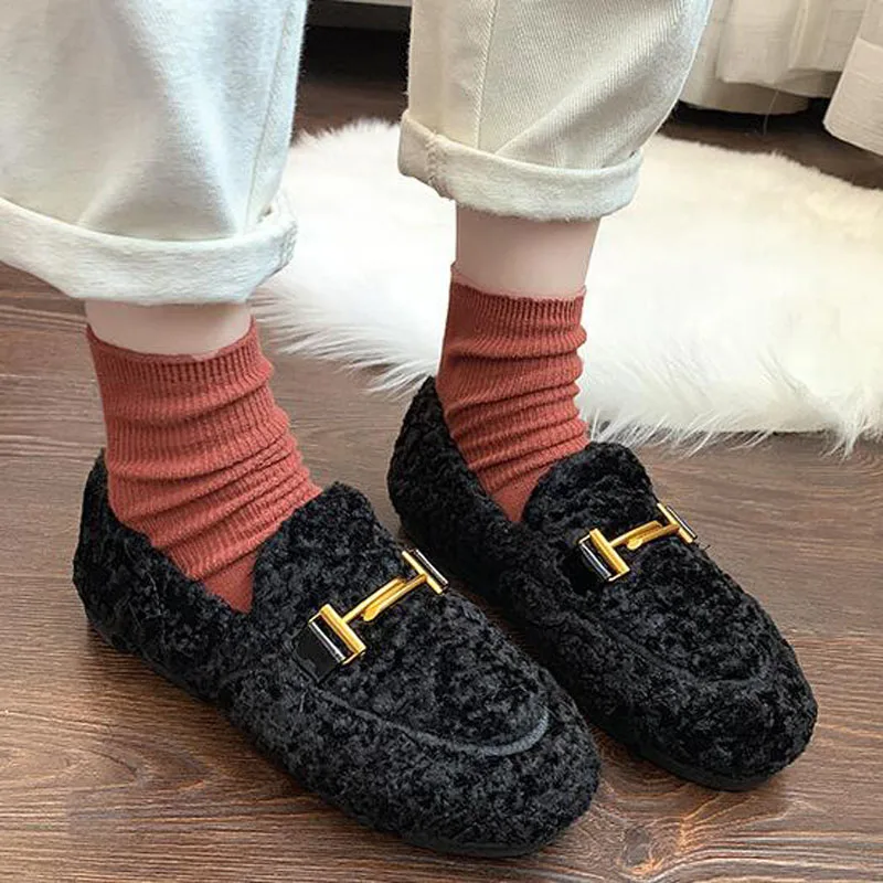 BLACK 36-40) лоферы на плоской подошве с металлической пряжкой; женская обувь; зимние теплые туфли без задника; обувь на меху знаменитостей; обувь на плоской толстой резиновой подошве; Мягкие Мокасины на каблуке; mujer P-139 - Цвет: BLACK