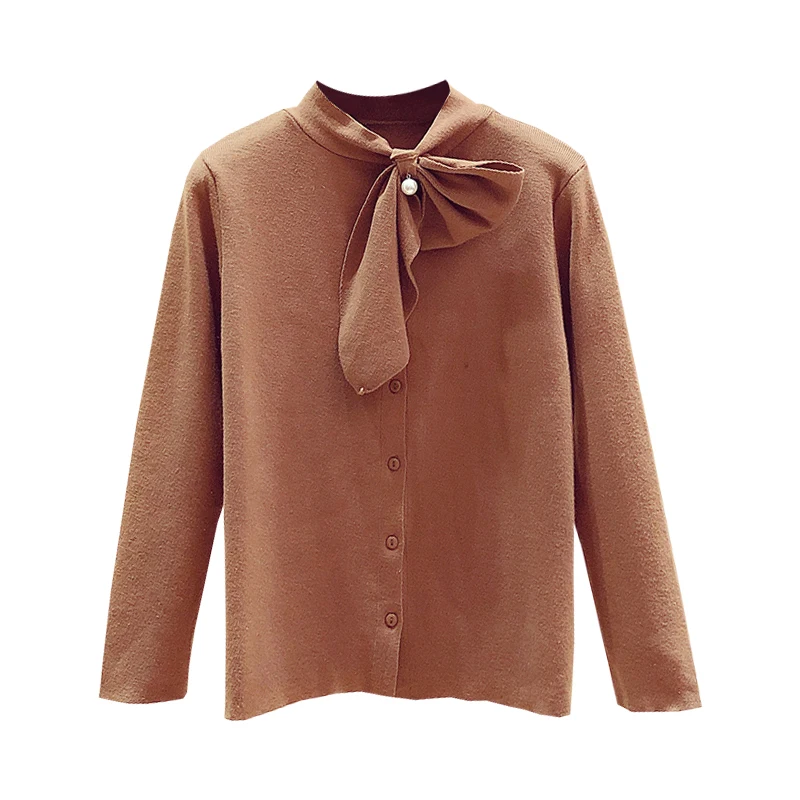 Осенне-зимняя женская рубашка Cardiagn, корейский стиль, для ногтей, с бусинами, с бантом, Однорядная, на пуговицах, однотонная трикотажная рубашка, пальто