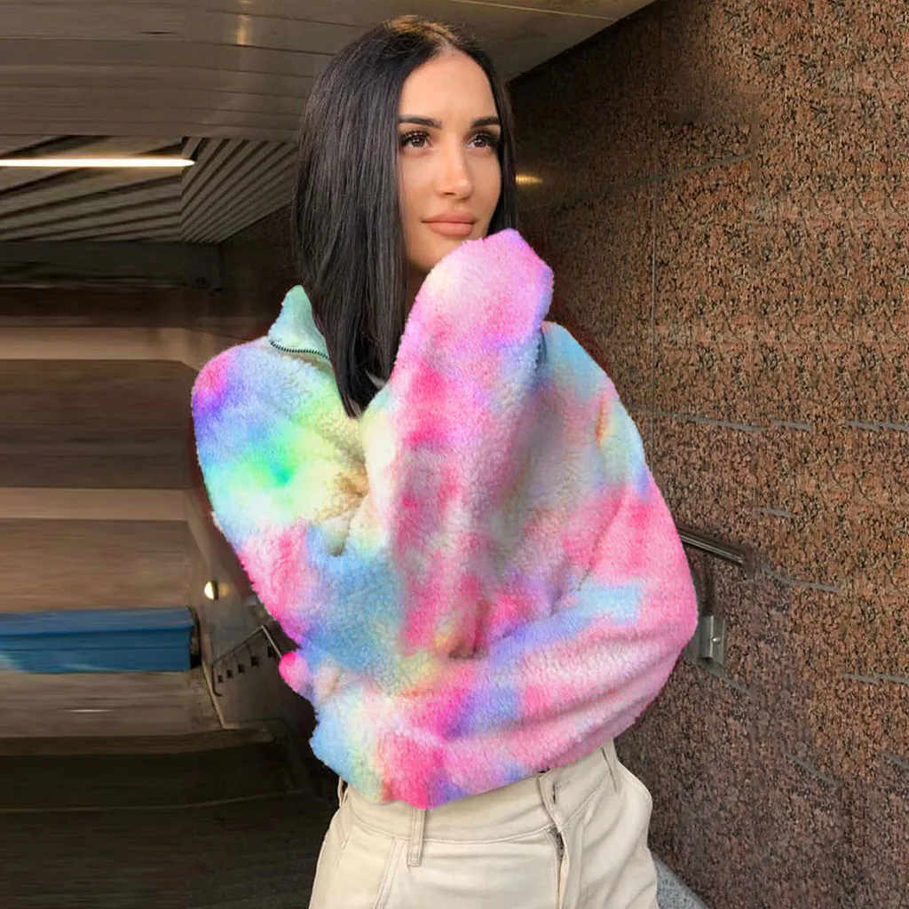 Женская Радужная Толстовка Tie Dye Teddy уличная одежда с длинным рукавом из искусственного меха флисовые Топы плюшевый пуловер больших размеров Sudadera Mujer