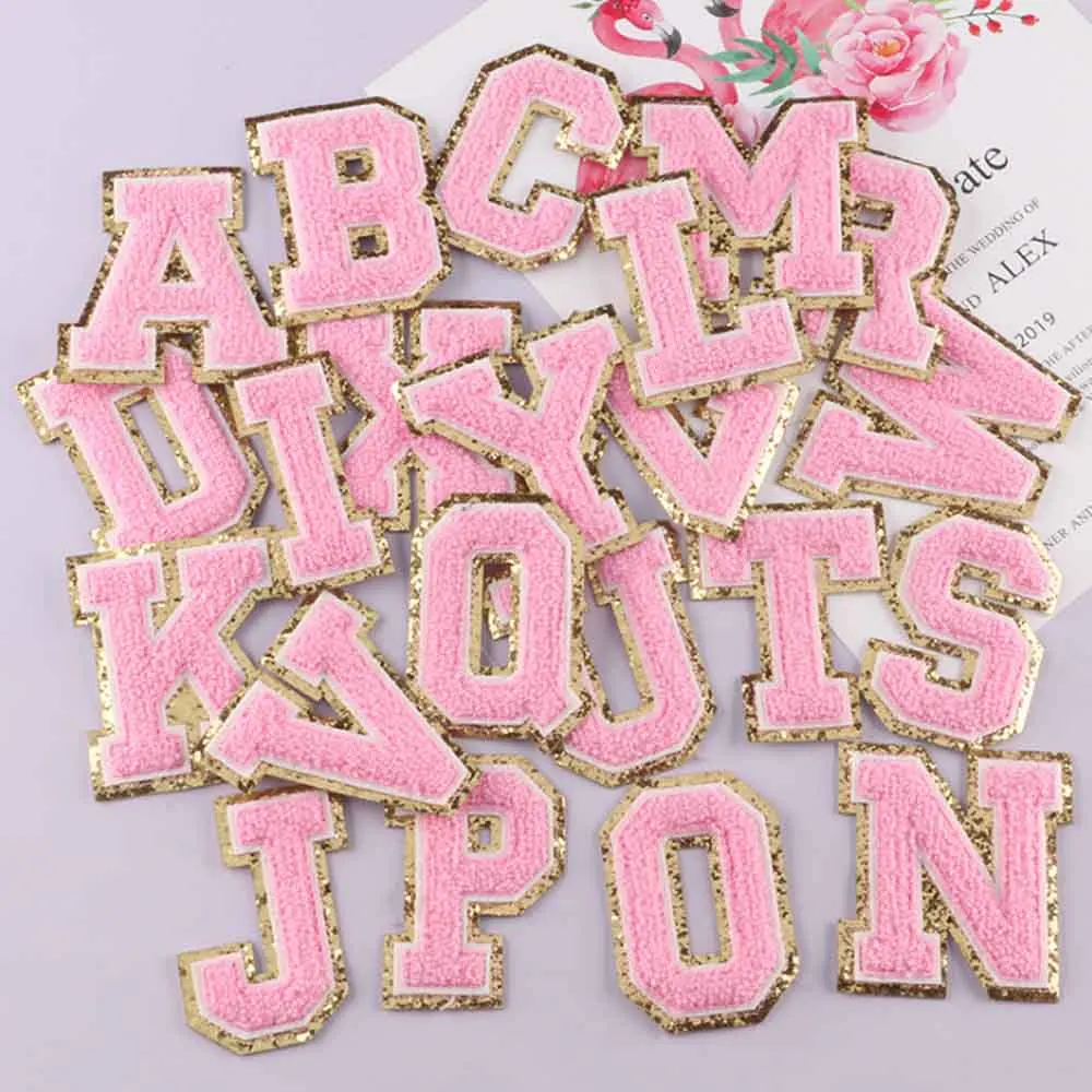 5.5cm Tall 26 pc/set Pink Yellow Towel Iron On Chenille Embroidered Alphabet Letters Clothes Patch For Clothing Girl Bulk PrIce | Дом и сад