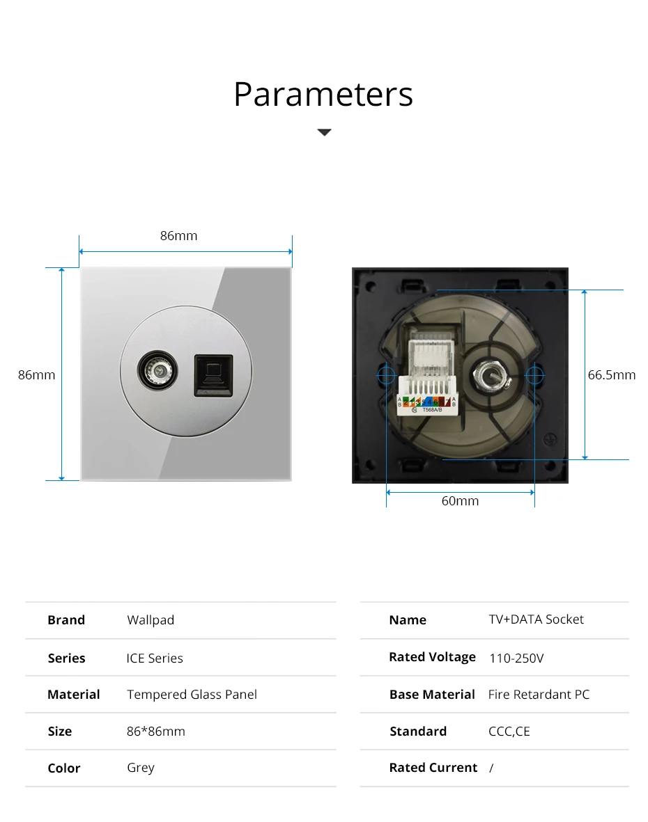 Wallpad спутниковая компьютерная розетка Rj45 серая закаленная стеклянная панель стены слабый выход питания