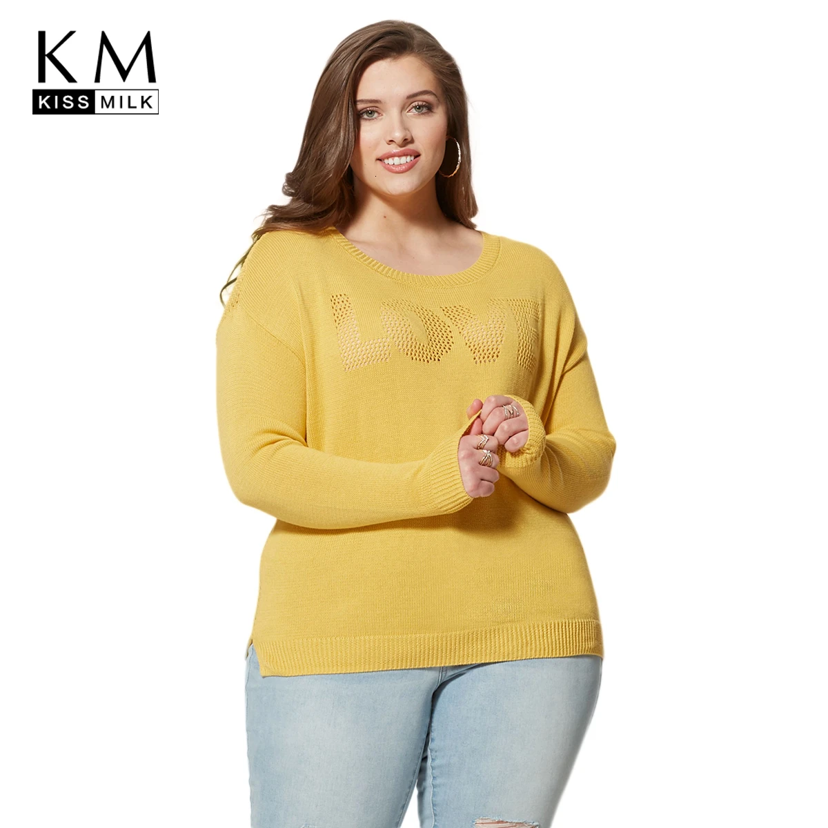 

Kissmilk Plus Size Woman Clothes Love Openwork Knit Back Perspective Round Neck Long Sleeve Pullover Sweater