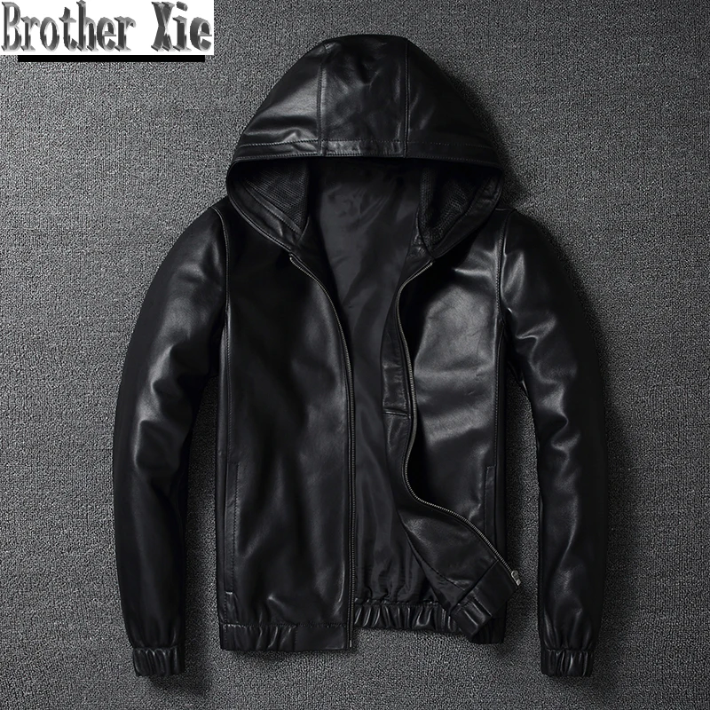 

Motorcycle Genuine Leather Bomber Jacket Men Pilot Sheepskin Real Leather Jacket Hooded Aviation Flight Slim Male Lambskin Coat