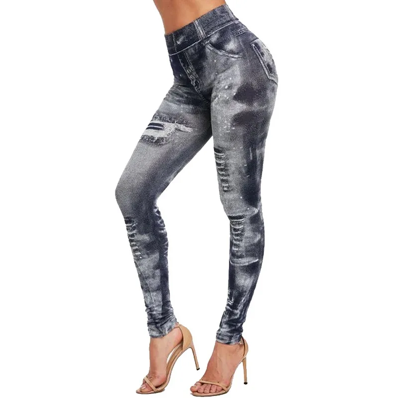2020 Women Gym Leggings Faux Denim Jeans Leggings Pocket Printing Leggings Casual High Waist Pencil Pants Plus  Pants