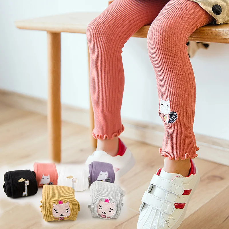 

Spring New Style Children Cotton Double Needles Embroidered Leggings Socks Candy Color Frilled Capri Pants