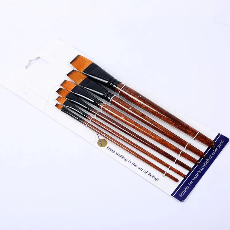 

6 Pcs Nylon Acrylic Oil Paint Gouache Brushes With Coffee Wooden Handle Black Aluminum Tube Drawing Tool