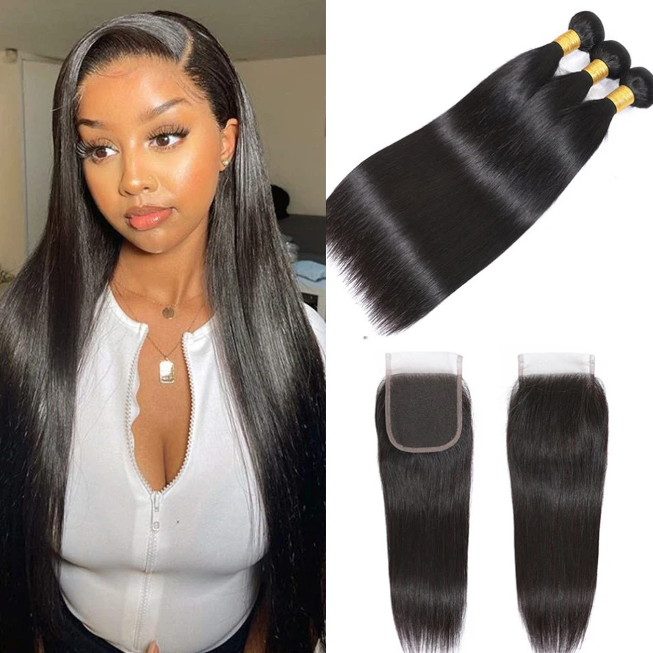 Deepin Straight Bundles With Closure Non-Remy Human Hair Bundles With Closure Brazilian Hair Extensions Human Hair