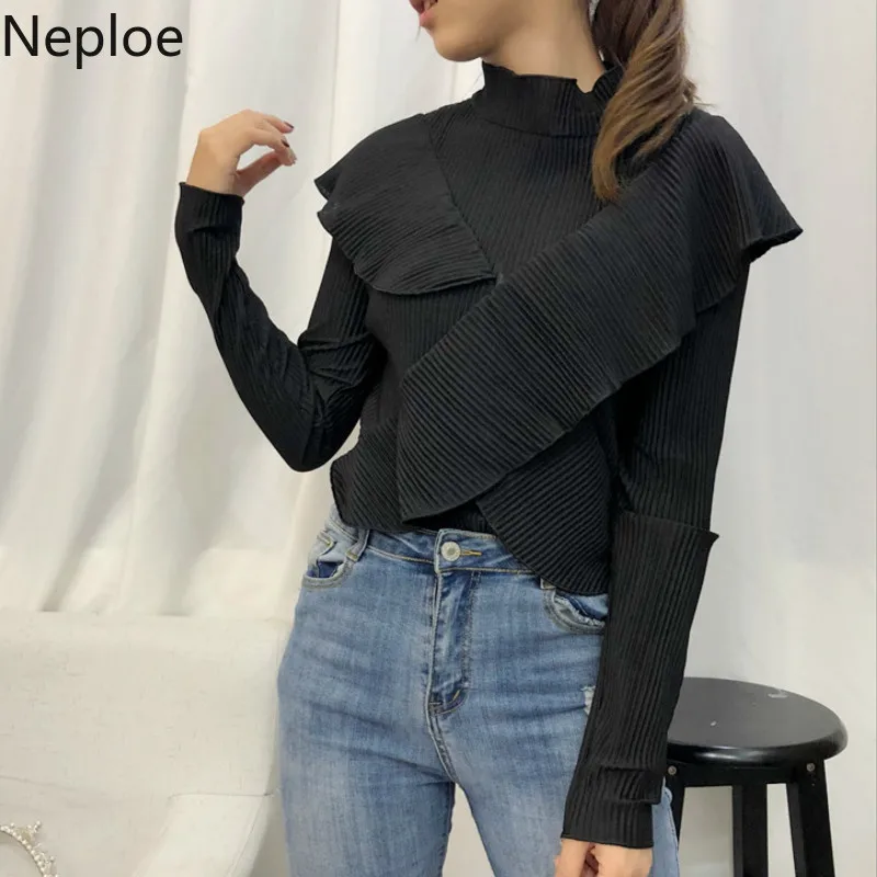 Neploe/Корейская Асимметричная футболка с рюшами для женщин, с заплатками, невысокая горловина, облегающая Нижняя футболка, Sloid Wild, Осенний студенческий вязаный Топ 46218