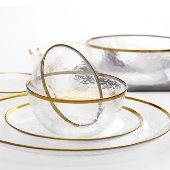 

Nordic Gold-rimmed Glass Bowl Exquisite Handmade Transparent Coffee Decorative Dessert Plates Practical Multifunction Dinnerware