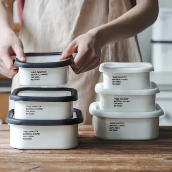 

Multi purpose square TPE cover porcelain enamel fresh lunch box sealed cover food container refrigerator storage set mess tin