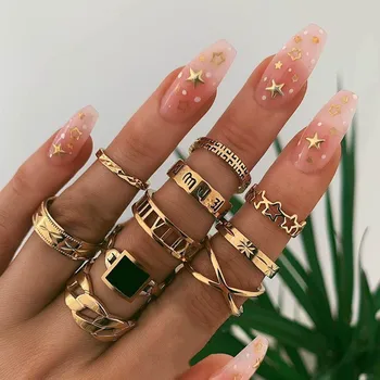 

13 Pieces/Set Of Bohemian Retro European And American Style Punk Exaggerated Black Star Cross Rune Female Ring Ethnic Jewelry
