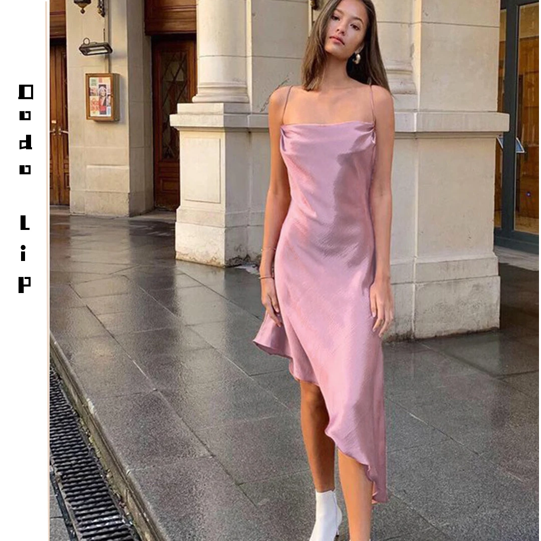 

Pink strapless Sexy Dress Pajamas Party Irregular hem Elegant Female Sundress Casual Adjustable shoulder strap women long dress