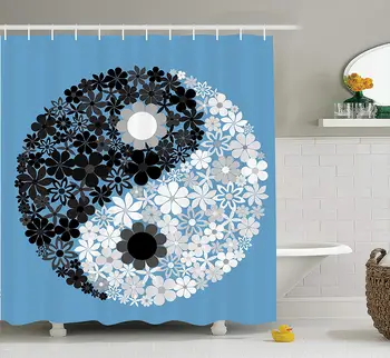 

Ying Yang Decor Shower Curtain Set Abstract Design Daisy Flower Power On Asian Tao Sign Floral Themed Artprint Bathroom