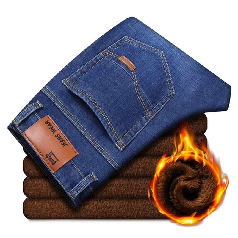 Новинка, мужские спортивные теплые джинсы, высокое качество, известный бренд, осень-зима, теплые джинсы из флока, теплые мягкие мужские джинсы - Цвет: Синий