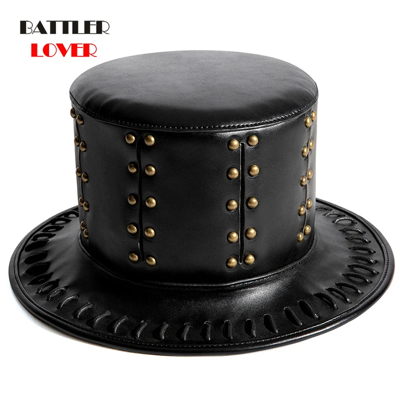 Steam Punk Hat Rivet Leather Top Hat Victorian Male Millinery Traditional Magic Magician Caps Dance Party Halloween Play Unisex