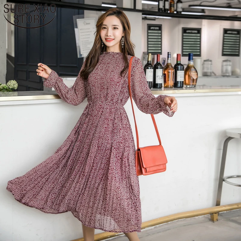 

2019 Elegant square Collar Floral Print Women Dress Full Sleeve Elastic Slim Waist Chiffon Spring A-line Long Dress 3603 50