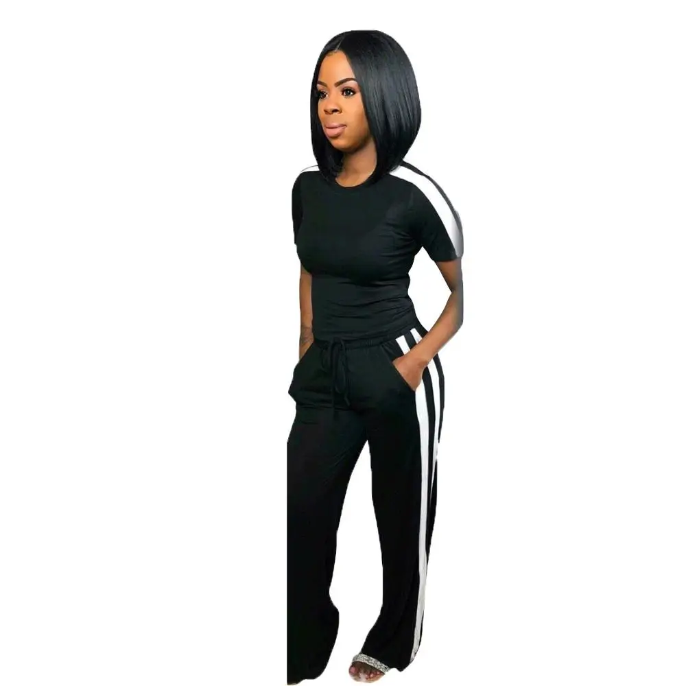 

Adogirl 2020 Women Casual Solid Tracksuits 2 Piece Set Striped T-shirt Long Wide Leg Pants Drawstring Sportwear Short Sleeve Set