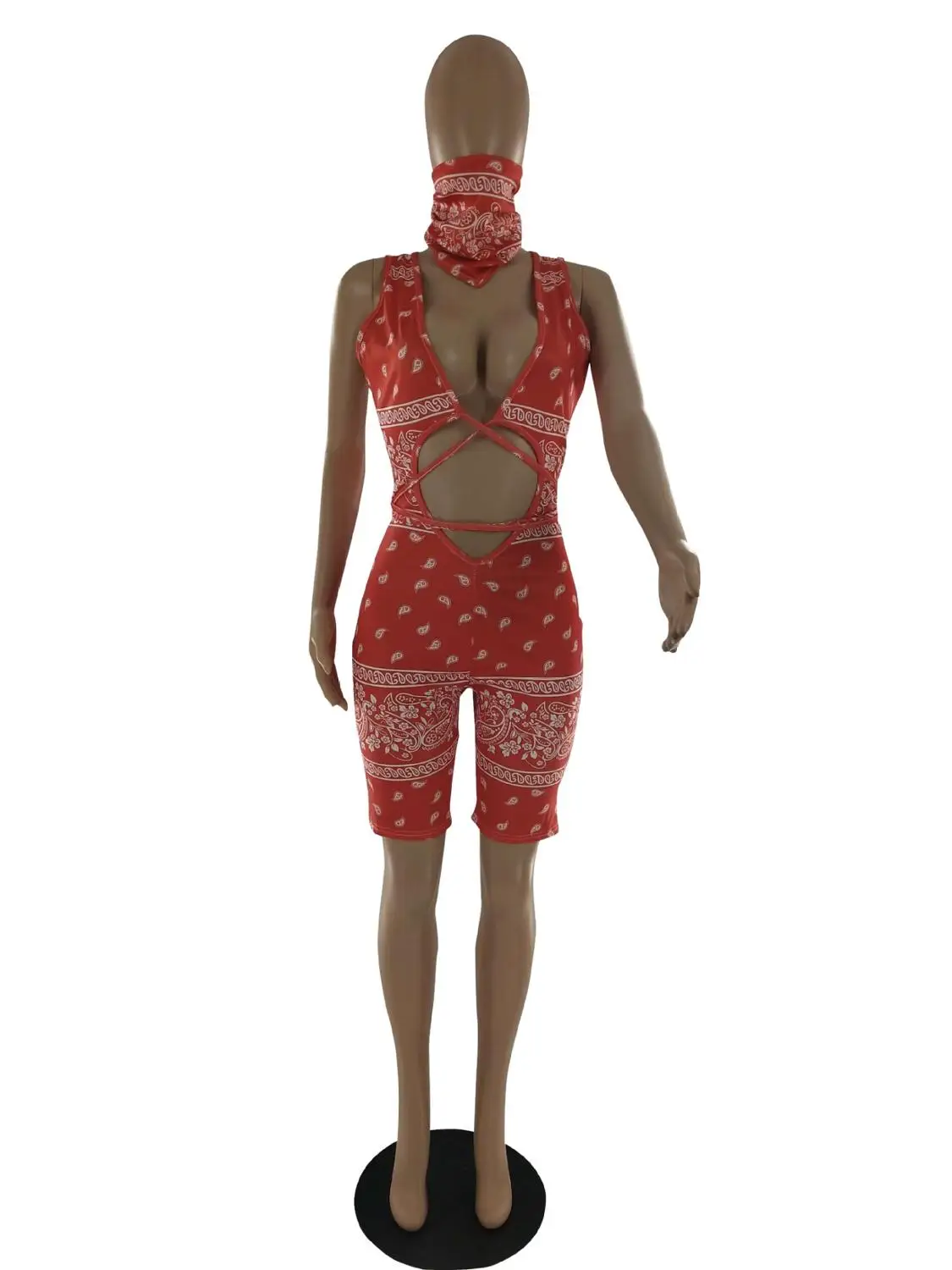 Adogirl Women Sleeveless Lace Up Open Front Jumpsuit Bandana Print Hollow Out Romper With Face Towel Sexy Party Club Bodysuit