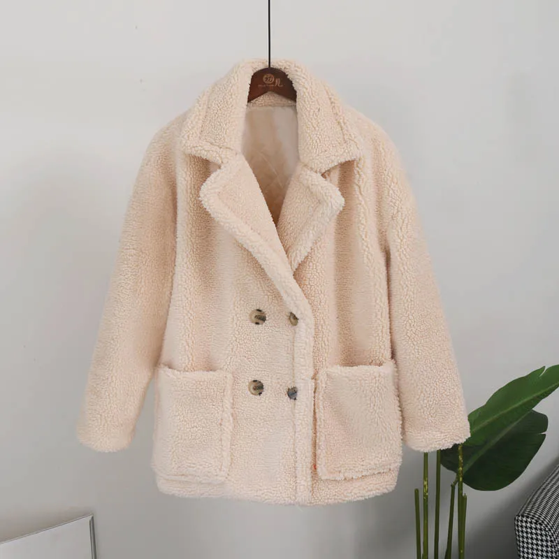 beige fur coat Classic Turn-down Collar Solid Faux Fur Jacket Coat Women Winter Warm Thicken Fake Lamb Overcoats Basic Soft Plush Overwear - Цвет: beige fur coat