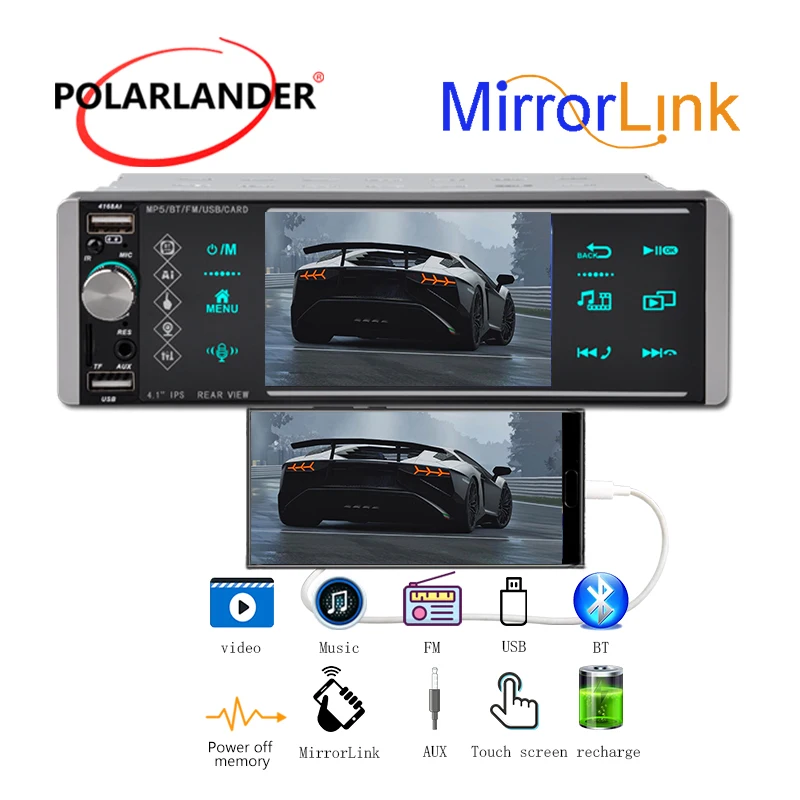 

Автомобильное радио 1 Din 4 дюйма Mirrorlink Bluetooth FM Android MP5 EQ Wince 2USB AUX SD HD красочное освещение мультимедийный умный голос
