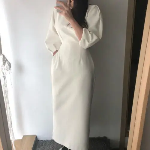 Весеннее однотонное корейское элегантное женское платье-карандаш с круглым вырезом приталенное женское длинное платье с высокой талией повседневное деловое модное платье - Цвет: white