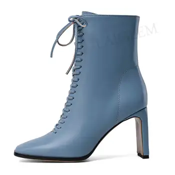 

LAIGZEM Women Ankle Booties Side Zip Thick Heels Boots Wide Ankle Friendly Boots Zapatos Scarpe Donna Shoes Woman Size 38 39 43