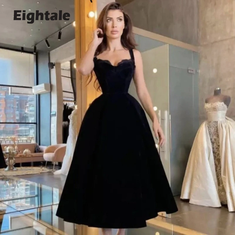 Eightale Short Prom Dress Black Sweetheart Spaghetti Strap A-Line Mid Length Velvet Evening Gown Celebity Party Dress 2021 prom gowns