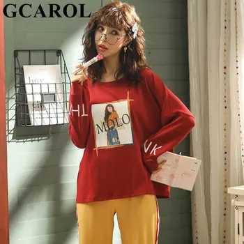 

GCAROL Women Cotton Pajama 2 pcs Sets Cartoon Graffiti Multi-Printed Home Clothes Cute Loose Sleepshirt Can Be Worn Outside 4 Se