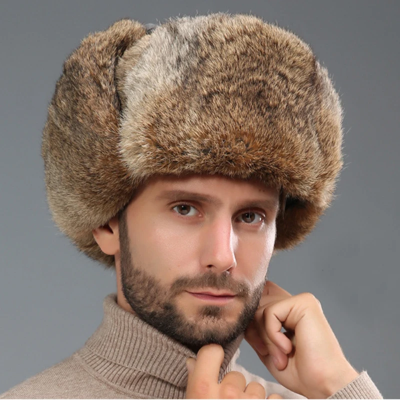 Cute Cat Ear Hat Russian Real Rabbit Fur Knitted Hat Winter Warm Ski Cap 
