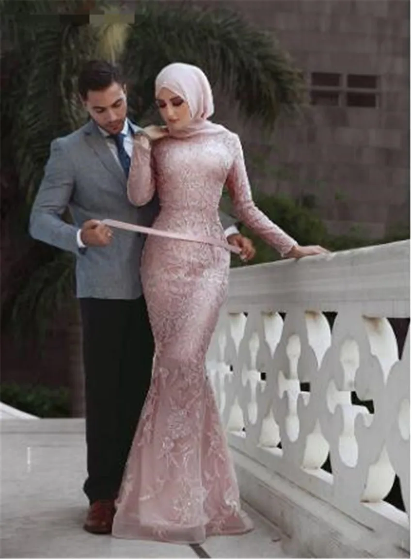 Женское свадебное платье с юбкой годе розовое в мусульманском стиле длинным