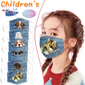 

Cute Cat Dog Printed Face Mask Children Kids Adjustable Reusable Mouth Mask Breathable Washable Fabric Face Cover Masque Enfant