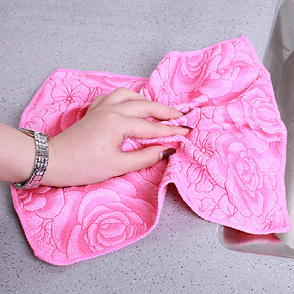 

3Pcs Scouring Cloth Creative Embossed Rose Warp Knitted Polyester Rag Dish Towel Kitchen Bathroom Cleaning Towel Printing Wipes