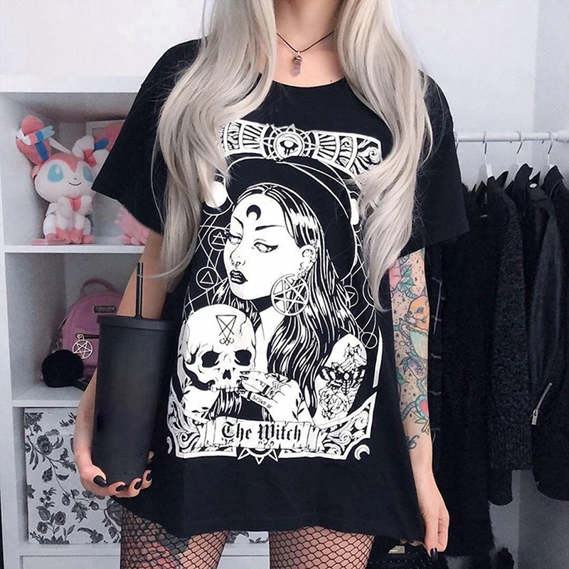 Женские свободные черные футболки готический панк Harajuku Мультфильм Peinted футболки хэллоуин вечерние Длинные Топы Женская футболка