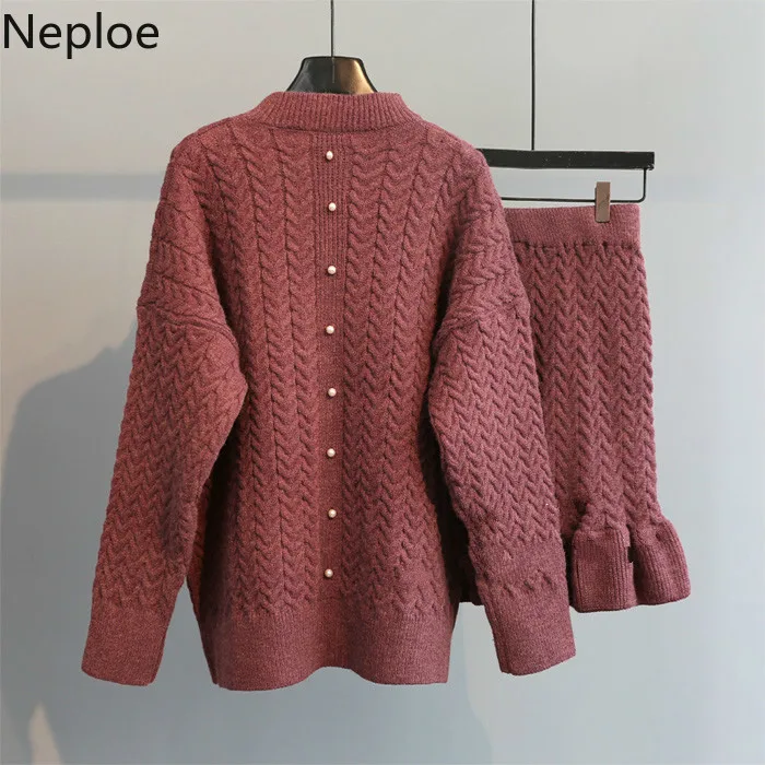Neploe, вязанный твист, комплект из двух предметов, жемчуг, длинный рукав, o-образный вырез, Толстый Пуловер, свитер+ мини-юбка с оборками, женские костюмы 56286
