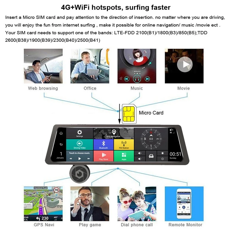 10 дюймов полный экран 4G пресс Ips Универсальный в комплекте автомобильный видеорегистратор заднего вида зеркало заднего вида с Gps Bluetooth Wifi Android 5,1