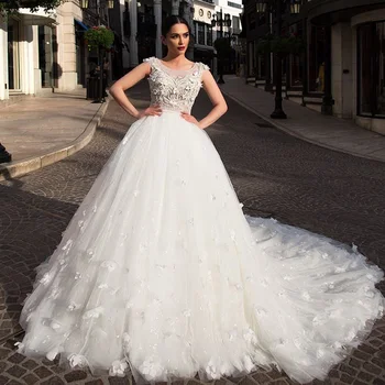 

Flowers Ball Gown Wedding Dress With Picture Veil Suknia Slubna Buttons Up Back Full Pearls Body Tulle Dresses Robe De Mariage