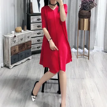 

[LANMREM] 2020 Spring New Products Fashion Solid Color Loose Large Size V-neck Irregular Dress Female PA601