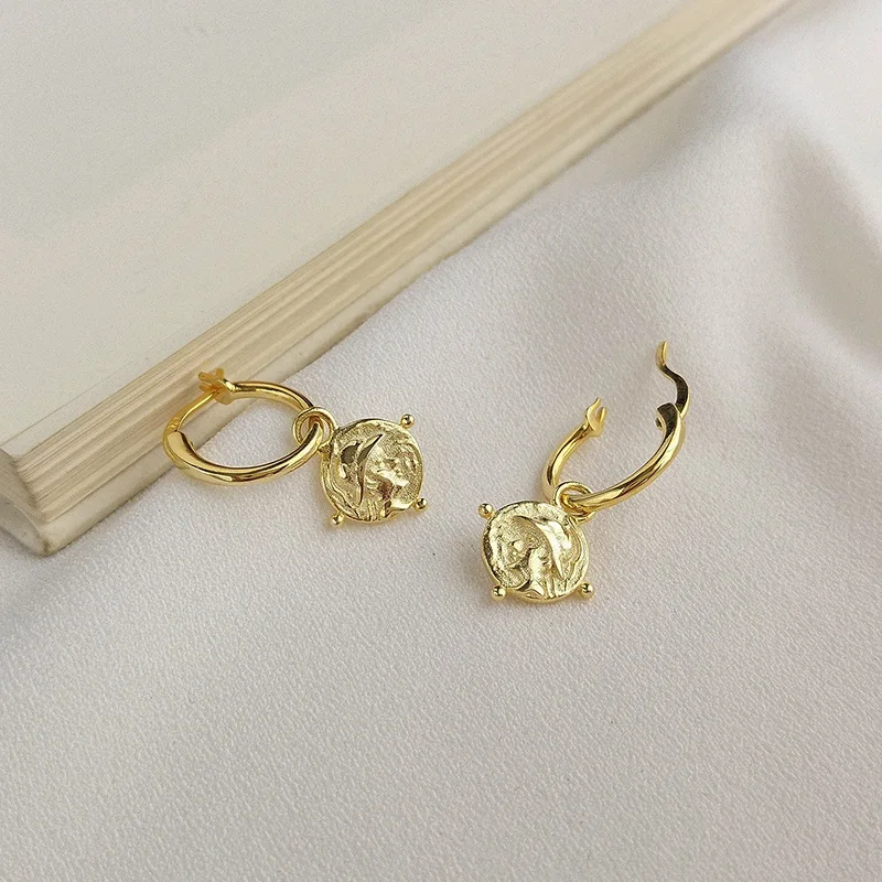 

WTLTC Vintage Drop Small Coin Hoop Earrings For Women 925 Sterling Sliver Hoops Earrings Ancient Roman Disc Earrings Minimalist