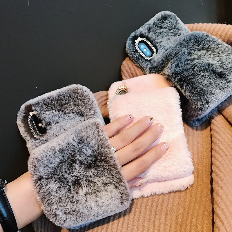 Пушистые Силиконовые чехлы с кроличьим мехом для телефонов iPhone X 8 7 6S Plus Samsung Galaxy S9