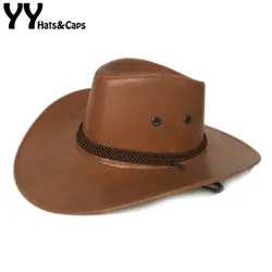 YY искусственная ковбойская шляпа из кожи для мужчин Джаз Панама широкополый с ветровой веревкой Западная пастушка Chapeau de Cowboy Cuir Adulte NZ003