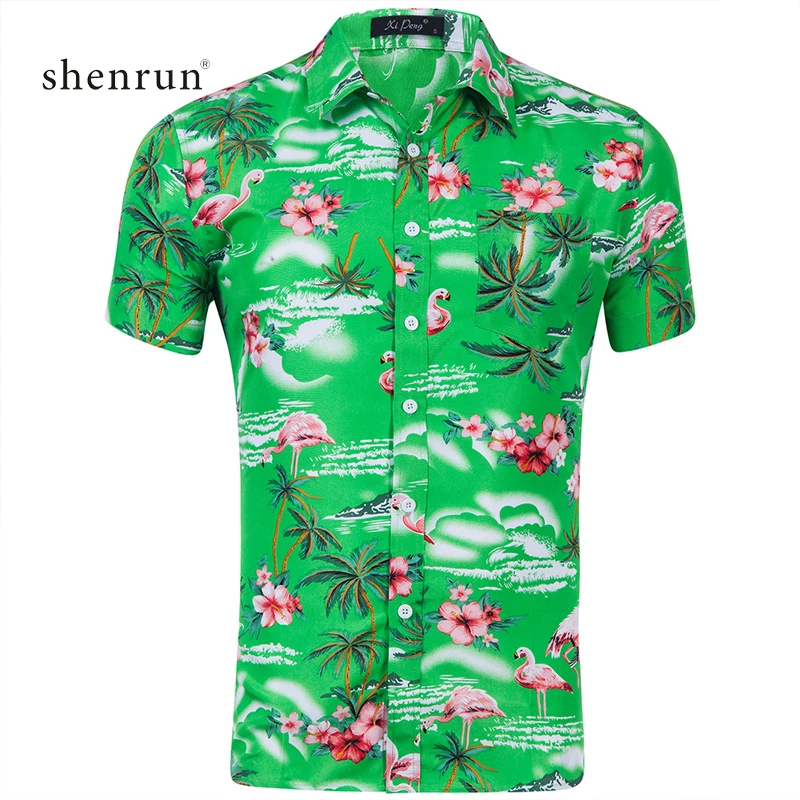 GD029-3 Shenrun, мужские рубашки, летние, короткий рукав, пальма, фламинго, принт, пляж, гавайский узор, Повседневная рубашка для мужчин, красный, синий, зеленый, черный - Цвет: GD029-3